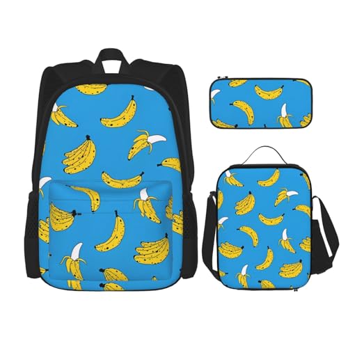 TRUKD Rucksack für Studenten, blaue Galaxie-Tasche für Schule, Jungen, Mädchen, Tagesrucksack, Federmäppchen, Lunch-Tasche, Kombination, Banana Print, Einheitsgröße, Tagesrucksack von TRUKD
