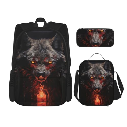 TRUKD Rucksack für Studenten, bunte Dinosaurier-Tasche für Schule, Jungen, Mädchen, Tagesrucksack, Federmäppchen, Lunch-Tasche, Kombination, Bad Boy Red Wolf, Einheitsgröße, Tagesrucksack von TRUKD