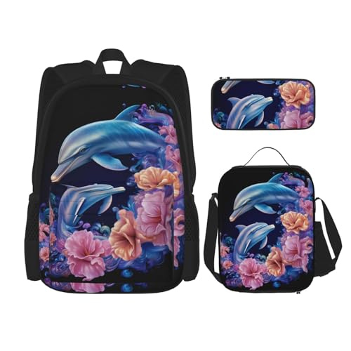 TRUKD Rucksack für Studenten, bunte Dinosaurier-Tasche für Schule, Jungen, Mädchen, Tagesrucksack, Federmäppchen, Lunch-Tasche, Kombination, Blaue Delfine und rosa Blumen, Einheitsgröße, Tagesrucksack von TRUKD