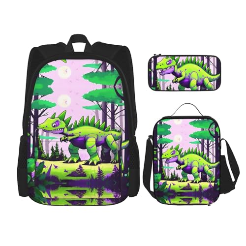 TRUKD Rucksack für Studenten, grüne Dinosaurier-Tasche für Schule, Jungen, Mädchen, Tagesrucksack, Federmäppchen, Lunch-Tasche, Kombination, Dinosaurier (Grün), Einheitsgröße, Tagesrucksack von TRUKD