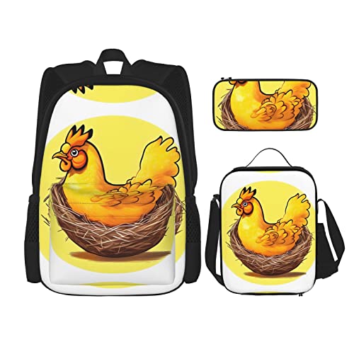 TRUKD Rucksack für Studenten, grüne Dinosaurier-Tasche für Schule, Jungen, Mädchen, Tagesrucksack, Federmäppchen, Lunch-Tasche, Kombination, Vogelnest Golden Chicken, Einheitsgröße, Tagesrucksack von TRUKD