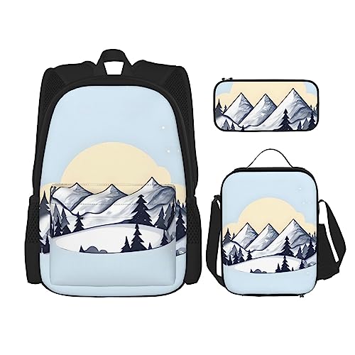 TRUKD Rucksack für Studenten, grüne Dinosaurier-Tasche für Schule, Jungen, Mädchen, Tagesrucksack, Federmäppchen, Lunch-Tasche, Kombination, White Snowy Mountains, Einheitsgröße, Tagesrucksack von TRUKD