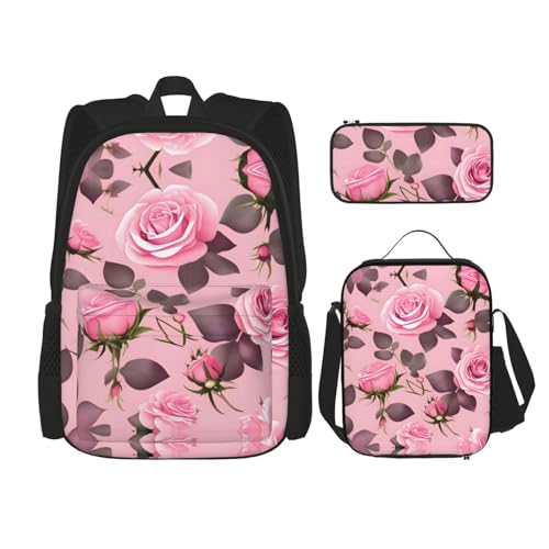 TRUKD Rucksack für Studenten, hübsche rosa Rosen, Tasche für Schule, Jungen, Mädchen, Tagesrucksack, Federmäppchen, Lunch-Tasche, Kombination, Hübsche rosa Rosen, Einheitsgröße, Tagesrucksack von TRUKD