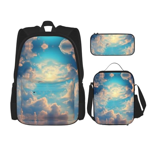 TRUKD Rucksack für Studenten, kleine Vogelnesttasche für Jungen, Mädchen, Federmäppchen, Lunchtasche, Kinder, 3-in-1 Büchertaschen, Schultaschen-Set, Wolkiger Himmel, Einheitsgröße, Tagesrucksack von TRUKD