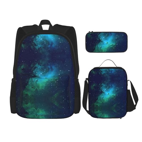 TRUKD Rucksack für Studenten, kleine Waschbär-Gesichtstasche für Schule, Jungen, Mädchen, Tagesrucksack, Federmäppchen, Lunch-Tasche, Kombination, Galaxy Green, Einheitsgröße, Tagesrucksack von TRUKD