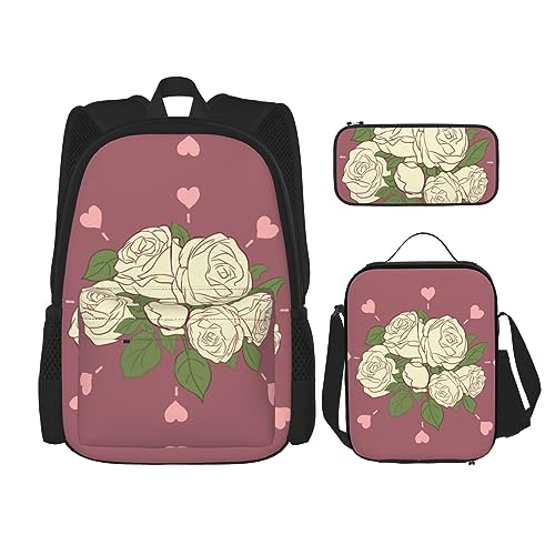 TRUKD Rucksack für Studenten, niedlicher kleiner Hamstertasche für Schule, Jungen, Mädchen, Tagesrucksack, Federmäppchen, Lunch-Tasche, Kombination, Weiße Rose der Liebe, Einheitsgröße, Tagesrucksack von TRUKD