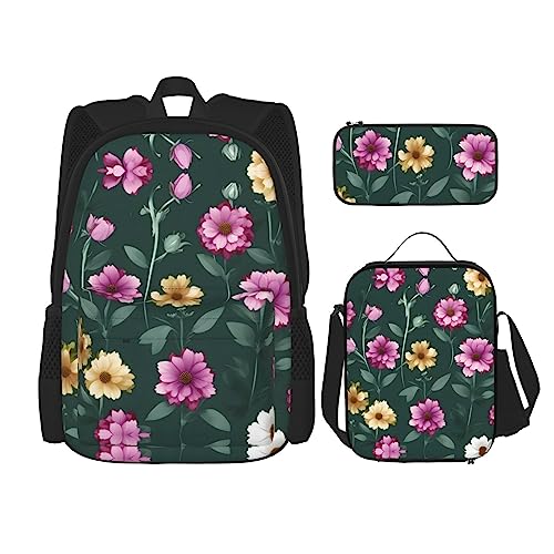 TRUKD Rucksack für Studenten, orangefarbene runde Mitteltasche für Schule, Jungen, Mädchen, Tagesrucksack, Federmäppchen, Lunch-Tasche, Kombination, Schöne lila Blumen, Einheitsgröße, Tagesrucksack von TRUKD