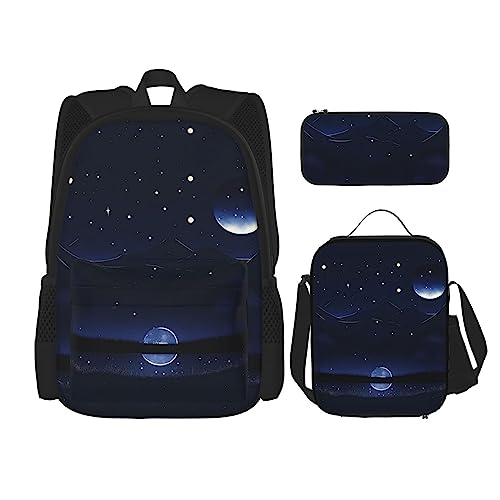 TRUKD Rucksack für Studenten, orangefarbene runde Mitteltasche für Schule, Jungen, Mädchen, Tagesrucksack, Federmäppchen, Lunch-Tasche, Kombination, Serene Blue Night View, Einheitsgröße, von TRUKD