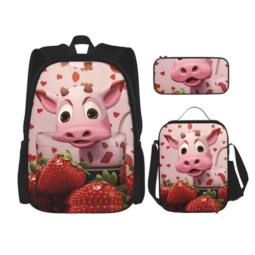 TRUKD Rucksack für Studenten, rosa Kuh mit Erdbeeren, für Schule, Jungen, Mädchen, Tagesrucksack, Federmäppchen, Lunch-Tasche, Kombination, Rosa Kuh mit Erdbeeren, Einheitsgröße, Tagesrucksäcke von TRUKD