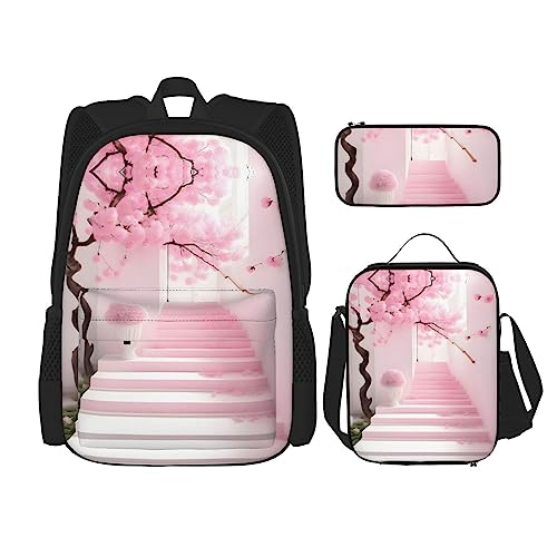 TRUKD Rucksack für Studenten, rosa Papierschneide-Kunsttasche für Schule, Jungen, Mädchen, Tagesrucksack, Federmäppchen, Lunch-Tasche, Kombination, Rosa Kirschblüten-Treppe, Einheitsgröße, von TRUKD