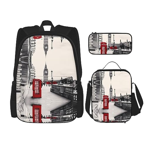 TRUKD Rucksack für Studenten, rote Telefonzelle, Londoner Straßentasche für Schule, Jungen, Mädchen, Tagesrucksack, Federmäppchen, Lunch-Tasche, Kombination, Rote Telefonzelle London Street, von TRUKD