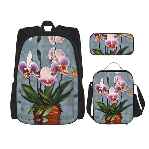 TRUKD Rucksack für Studenten, schöne Orchideentasche, 3-teiliges Set für Schule, Jungen, Mädchen, Federmäppchen, Lunchtasche, 3-in-1-Büchertaschen-Set, Blühende Orchideen, Einheitsgröße, Tagesrucksack von TRUKD