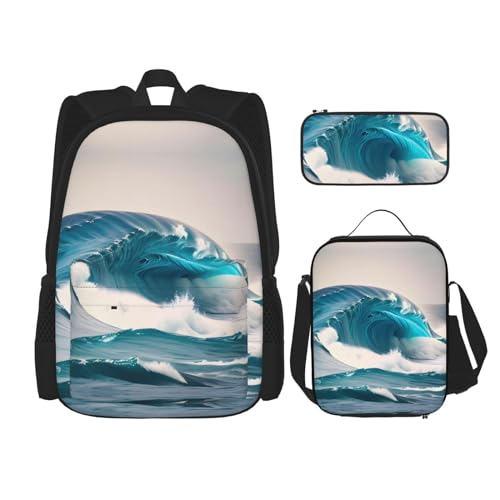 TRUKD Rucksack für Studenten, schöne Orchideentasche, 3-teiliges Set für Schule, Jungen, Mädchen, Federmäppchen, Lunchtasche, 3-in-1-Büchertaschen-Set, Cartoon Blue Sea Wave, Einheitsgröße, von TRUKD