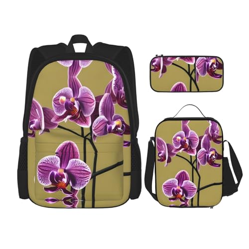 TRUKD Rucksack für Studenten, schöne Orchideentasche, 3-teiliges Set für Schule, Jungen, Mädchen, Federmäppchen, Lunchtasche, 3-in-1-Büchertaschen-Set, Schöne Orchideen, Einheitsgröße, Tagesrucksack von TRUKD