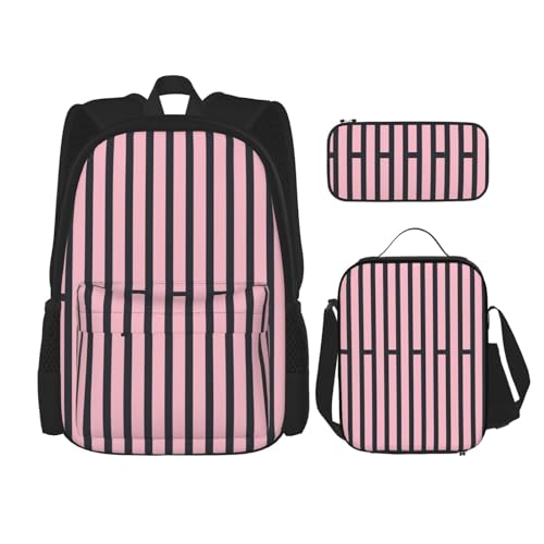 TRUKD Rucksack für Studenten, schwarz und weiß, geometrische Linien, Tasche für Schule, Jungen, Mädchen, Tagesrucksack, Federmäppchen, Lunchtasche, karierte Streifen, Einfarbig. Pink, Einheitsgröße, von TRUKD