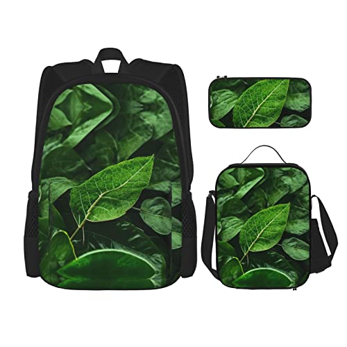 TRUKD Rucksack für Studenten, schwarz und weiß, gewellte Punkte, Tasche für Schule, Jungen, Mädchen, Tagesrucksack, Federmäppchen, Lunch-Tasche, Kombination, Green Leaf Nature, Einheitsgröße, von TRUKD