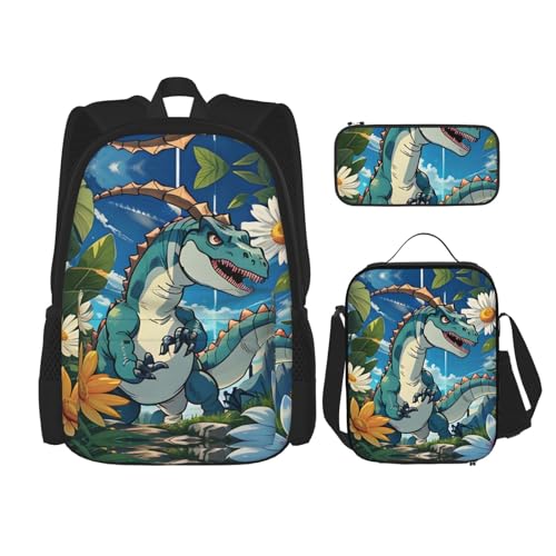 TRUKD Rucksack für Studenten, schwarz und weiß, gewellte Punkte, Tasche für Schule, Jungen, Mädchen, Tagesrucksack, Federmäppchen, Lunch-Tasche, Kombination, Niedlicher Dinosaurier, Einheitsgröße, von TRUKD