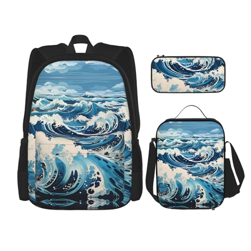 TRUKD Rucksack für Studenten, wunderbare Fußballspieltasche für Schule, Jungen, Mädchen, Tagesrucksack, Federmäppchen, Lunch-Tasche, Kombination, Ukiyo-e Style Waves, Einheitsgröße, Tagesrucksack von TRUKD