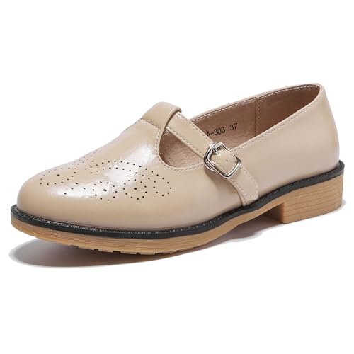 TRULAND Damen Leder Mary Jane Oxfords Schuhe – Elegant Loafer Vintage Business Damen Halbschuhe für Büro Alles (CN 41 / EU 39.5,Taupe) von TRULAND