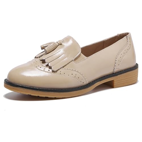 TRULAND Damen Leder Slipper – Elegant Loafer mit Quaste Business Schuhe Damen (CN 38 / EU 37,Taupe) von TRULAND