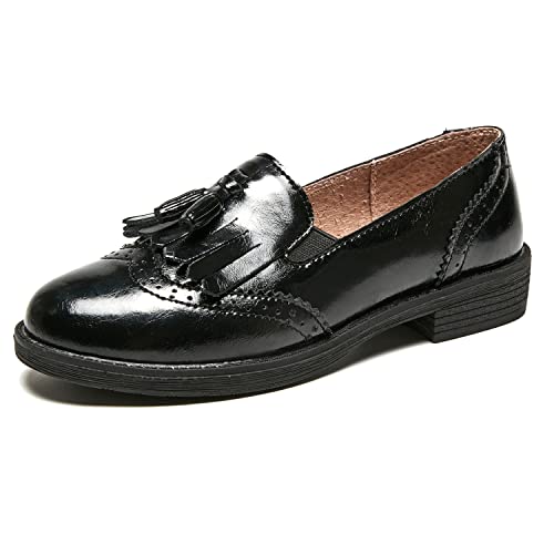 TRULAND Damen Leder Slipper – Elegant Loafer mit Quaste Business Schuhe Damen (CN 41 / EU 39.5,Alles Schwarz) von TRULAND