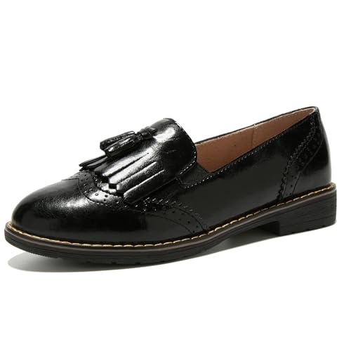 TRULAND Damen Leder Slipper – Elegant Loafer mit Quaste Business Schuhe Damen (CN 41 / EU 39.5,Alles Schwarz) von TRULAND