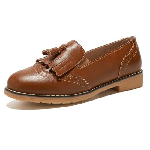 TRULAND Damen Leder Slipper – Elegant Loafer mit Quaste Business Schuhe Damen (CN 41 / EU 39.5,Braun) von TRULAND