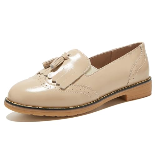 TRULAND Damen Leder Slipper – Elegant Loafer mit Quaste Business Schuhe Damen (CN 41 / EU 39.5,Taupe) von TRULAND