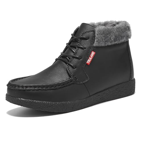 TRULAND Damen Winterstiefel – Wasserabweisend Wildleder Stiefeletten Gefüttert - Mokassin Stiefel (EU 37,Schwarz Leder) von TRULAND