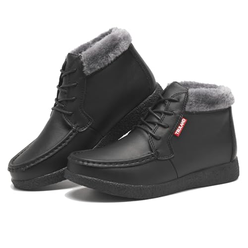 TRULAND Damen Winterstiefel – Wasserabweisend Wildleder Stiefeletten Gefüttert - Mokassin Stiefel (EU 39,Schwarz Leder) von TRULAND