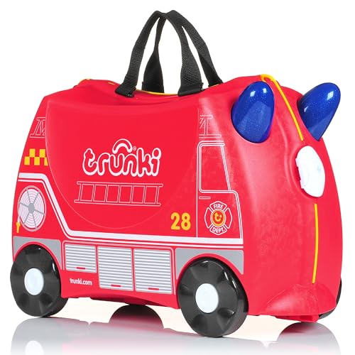 Trunki Handgepäck Und Kinderkoffer zum Draufsitzen | Kinder Risen Geschenk für Mädchen Und Jungen | Trolley Frank Feuerwehrauto (Rot) von TRUNKI