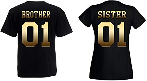 Brother Sister T-Shirts Set mit Wunschzahl - Herren T-Shirt Schwarz-Gold L von TRVPPY