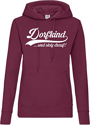 TRVPPY Damen Hoodie Pullover Dorfkind Spruch Logo Print - Burgund L von TRVPPY