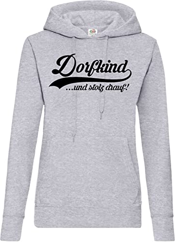 TRVPPY Damen Hoodie Pullover Dorfkind Spruch Logo Print - Grau M von TRVPPY