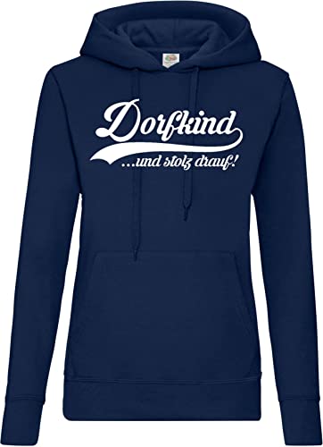 TRVPPY Damen Hoodie Pullover Dorfkind Spruch Logo Print - Navyblau M von TRVPPY