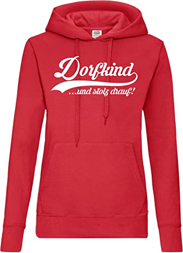 TRVPPY Damen Hoodie Pullover Dorfkind Spruch Logo Print - Rot L von TRVPPY