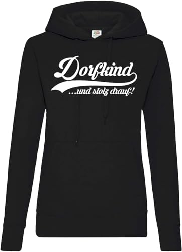 TRVPPY Damen Hoodie Pullover Dorfkind Spruch Logo Print - Schwarz L von TRVPPY