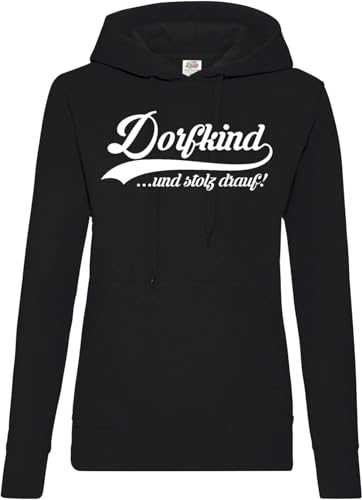 TRVPPY Damen Hoodie Pullover Dorfkind Spruch Logo Print - Schwarz M von TRVPPY