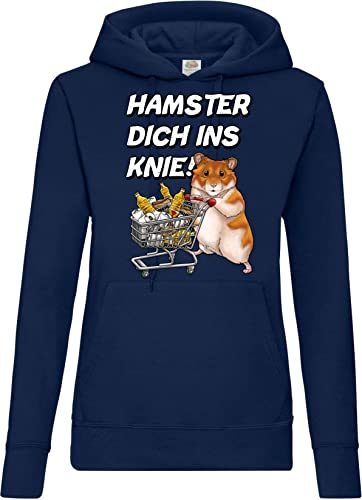 TRVPPY Damen Hoodie Pullover Hamster Dich ins Knie Spruch Logo Print - Navyblau XL von TRVPPY