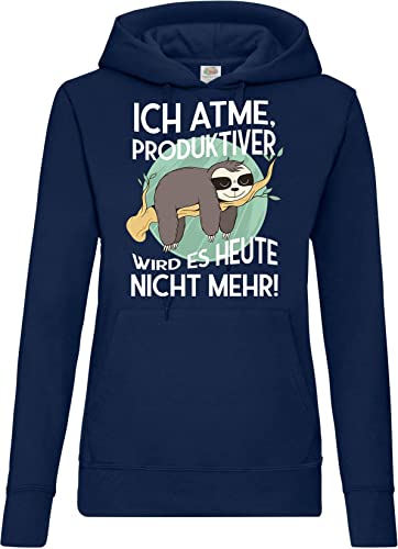 TRVPPY Damen Hoodie Pullover ICH ATME Faultier Lustig Spruch Logo Print - Navyblau M von TRVPPY