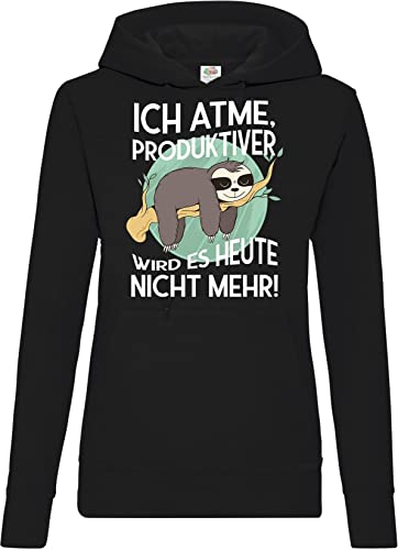 TRVPPY Damen Hoodie Pullover ICH ATME Faultier Lustig Spruch Logo Print - Schwarz M von TRVPPY