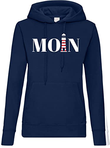 TRVPPY Damen Hoodie Pullover Moin Leuchtturm Spruch Logo Print - Navyblau 3XL von TRVPPY