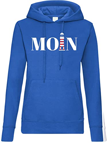 TRVPPY Damen Hoodie Pullover Moin Leuchtturm Spruch Logo Print - Royalblau L von TRVPPY