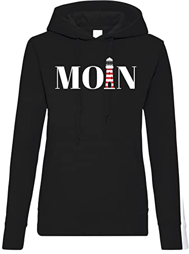 TRVPPY Damen Hoodie Pullover Moin Leuchtturm Spruch Logo Print - Schwarz L von TRVPPY