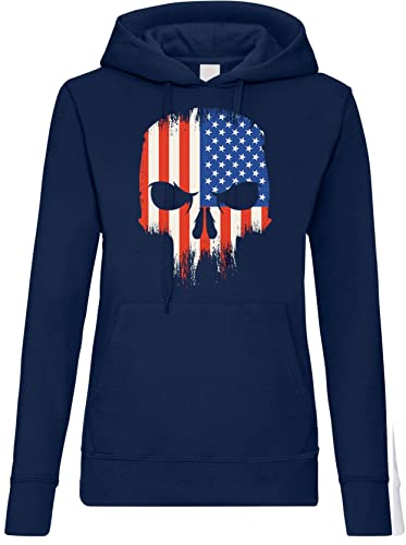 TRVPPY Damen Hoodie Pullover Totenkopf USA Flagge Spruch Logo Print - Navyblau XS von TRVPPY