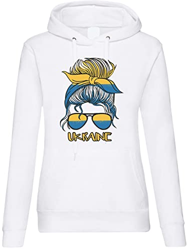 TRVPPY Damen Hoodie Pullover Ukraine Flagge Spruch Logo Print - Weiß XS von TRVPPY