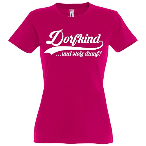 TRVPPY Damen T-Shirt Dorfkind Spruch Logo Print - Fuchsia M von TRVPPY