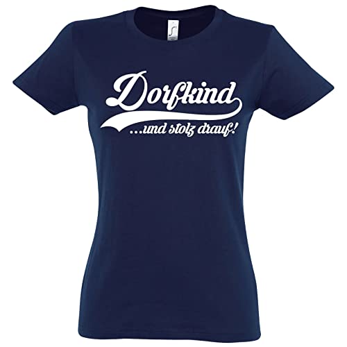 TRVPPY Damen T-Shirt Dorfkind Spruch Logo Print - Navyblau L von TRVPPY