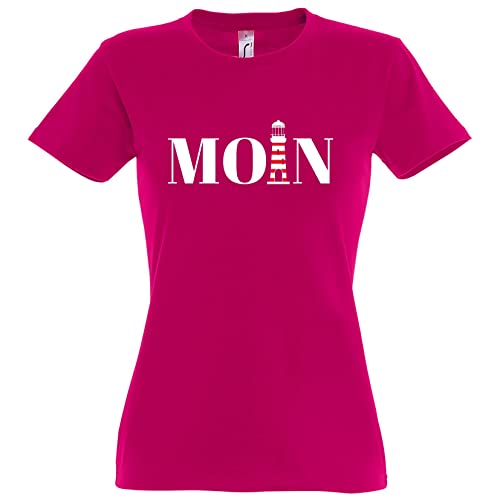 TRVPPY Damen T-Shirt Moin Leuchtturm Spruch Logo Print - Fuchsia L von TRVPPY