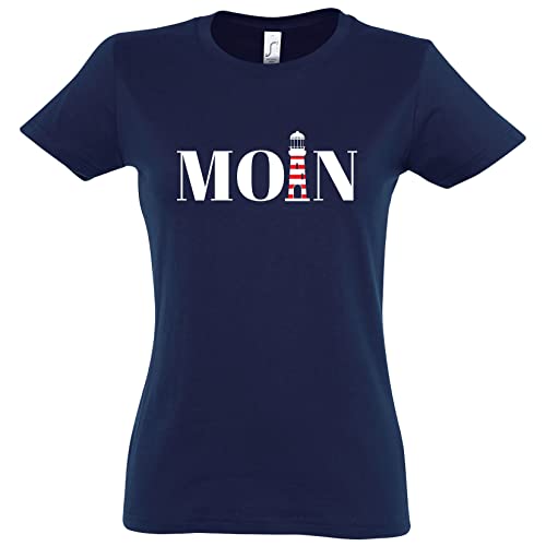 TRVPPY Damen T-Shirt Moin Leuchtturm Spruch Logo Print - Navyblau L von TRVPPY